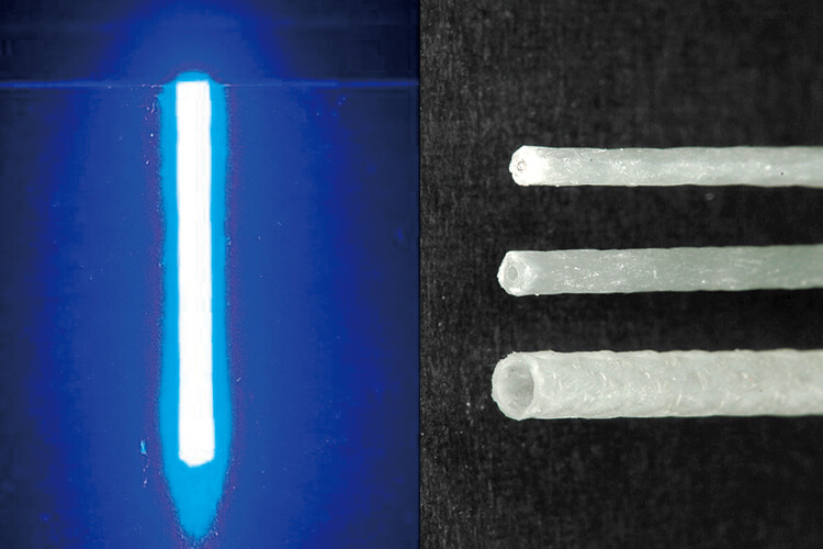 「光ファイバーポスト」は光透過性に優れ照射光がむらなく拡散する（左：サンメディカル社提供）。右：上からワイヤー入りファイバーポスト、光ファイバーポスト、スリーブ。