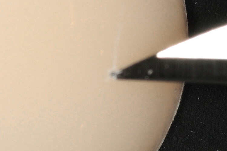 クリアフィル マジェスティ ESフローを光重合後、スカルペルにて削ってみる。わずかに傷をつけるのがやっとである。