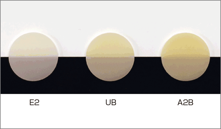 色度板（左からE2、UB、A2B）ワンボディシステムに用いるボディレジンは単層で再現するため、エナメルとボディの間の透明性を付与しています。