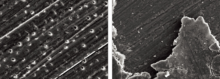 写真左は象牙質の切削面。写真右はカルボキシレート系の仮着材が付着した象牙質表面。