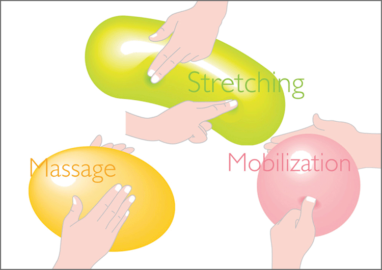 図8 手技療法の三つの基本テクニック（マッサージ、ストレッチ、モビリゼーション）。