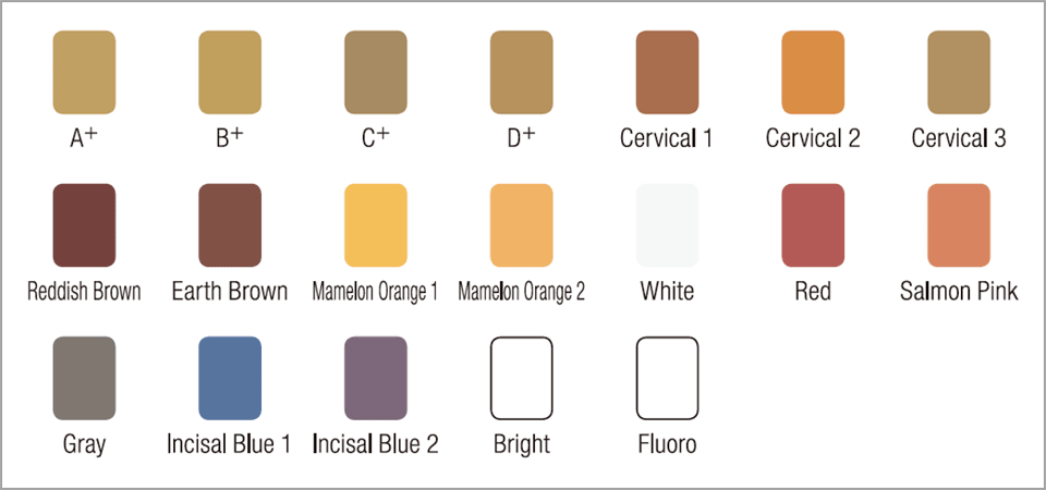 図3 インターナルステインの色調。現在は19種類のステインがラインナップされている。