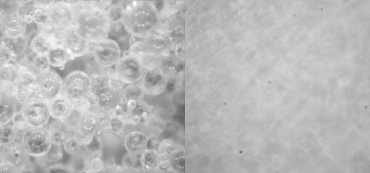 メタファストのポリマー粒子（左側）と研磨面（右側）＜光学顕微鏡像×500倍＞。