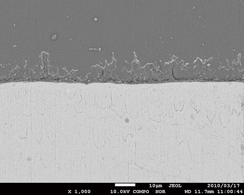 デントレックスで洗浄したエナメル質スラブの反射電子像（倍率× 1,000）
