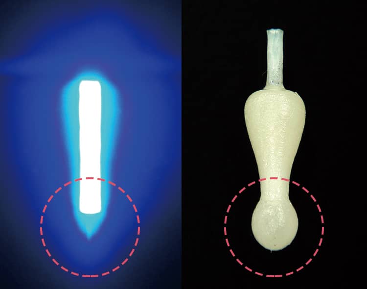 光ファイバーにより確実に根尖部分のレジンが重合でき、光重合レジンでの確実な支台築造が可能となった。（サンメディカル提供）