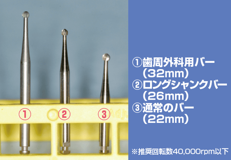 歯周外科用根面バーは通常のバーより1cm長く、ロングシャンクより6mm長いので、深い骨縁下ポケットにおいても、コントラヘッドが歯冠に邪魔されることなく根面や骨面にアクセスできる。