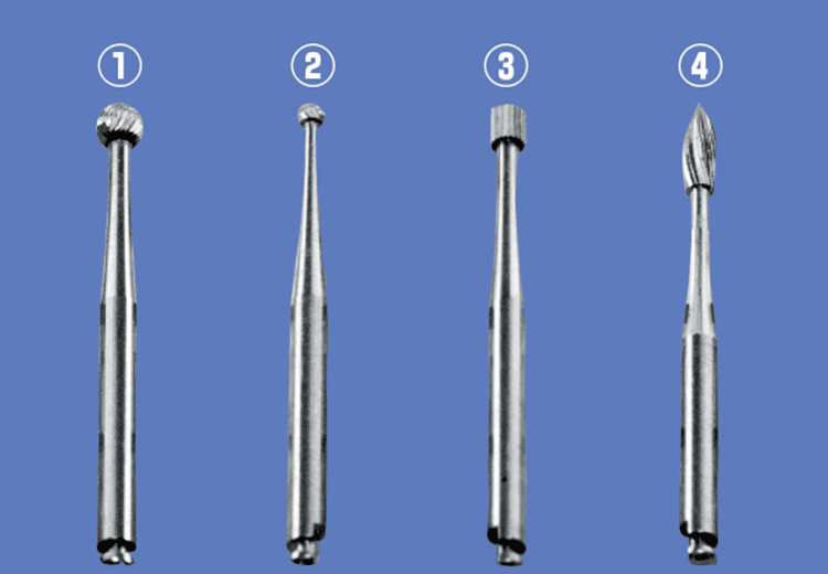 歯周外科用根面バー ①ラウンド大、②ラウンド小、③シリンダー、④フレーム（マニー株式会社）。
