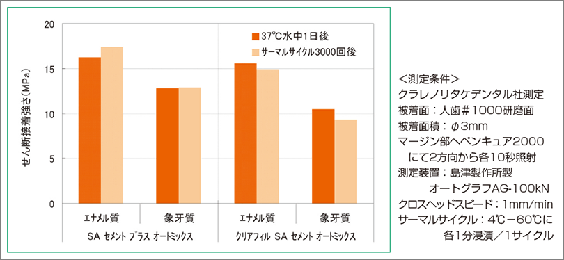 人歯に対するせん断接着強さ（37℃水中1日後およびサーマルサイクル3,000回後）