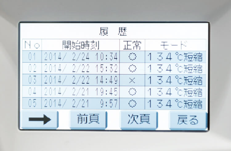 BC-17のパネル。過去の滅菌の履歴が一目で確認できる。途中で停止したりエラーが発生した場合にも記録が残る。