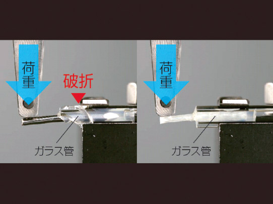 図1　ガラス管を歯根と見立て、左が金属、右がグラスファイバーを使用した時のイメージ