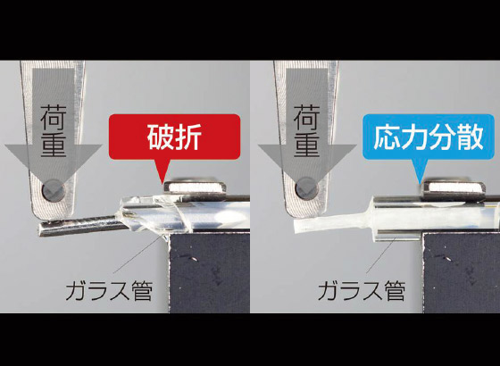 図1 ガラス管を歯根と見立て、左が既製金属ポスト、右がグラスファイバーポストを使用した時のイメージ。左はガラス管（＝歯根）の破折が認められる（サンメディカル提供）。