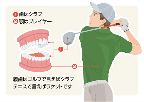 顎は運動器（プレーヤー）そして歯は道具（クラブ）の図