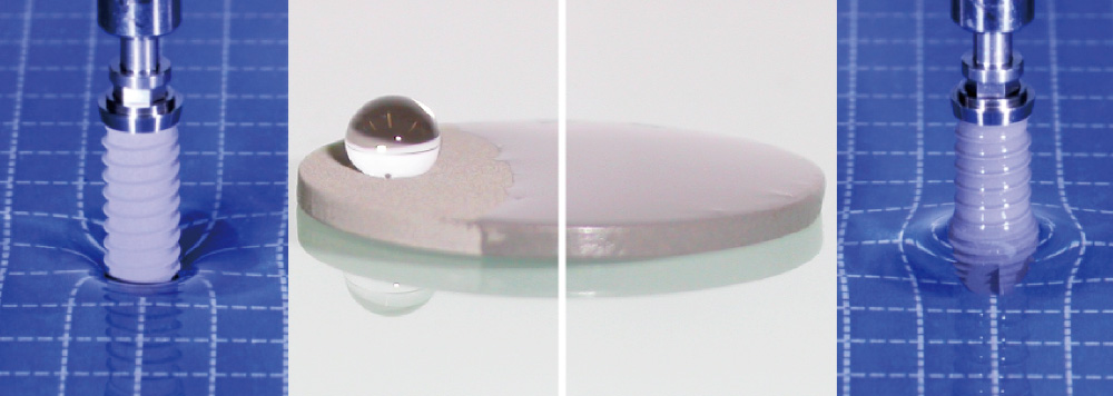 [写真] 従来の疏水性インプラント表面性状（左）と超親水性のインプラント表面処理（右）