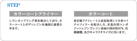 STEP カラーコートプライマー[シランカップリング剤を配合しており、カラーコートとボディレジンを強固に接着させます。] → カラーコート[多官能アクリレートと表面処理シリカ系マイクロフィラーを配合した、光重合型コンポジットレジンでレジン表面の滑沢性付与、色調調整、及びキャラクタライズに用います。]