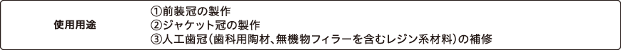 使用用途　①前装冠の製作 ②ジャケット冠の製作 ③人工歯冠（歯科用陶材、無機物フィラーを含むレジン系材料）の補修