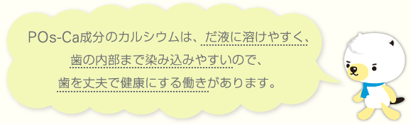 POs-Ca成分のカルシウムは、だ液に溶けやすく、歯の内部まで染み込みやすいので、歯を丈夫で健康にする働きがあります。