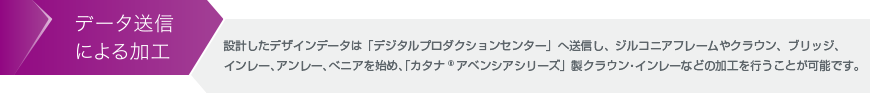 データ送信による加工　設計したデザインデータは「デジタルプロダクションセンター」へ送信し、ジルコニアフレームやクラウン、ブリッジ、インレー、アンレー、べニアを始め、「カタナ®アベンシアシリーズ」製クラウン・インレーなどの加工を行うことが可能です。