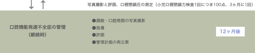 写真撮影と評価、口唇閉鎖圧の測定（小児口唇閉鎖力検査1回につき100点、3ヵ月に1回）口腔機能発達不全症の管理 （継続時）●顔貌・口腔周囲の写真撮影 ●指導 ●評価 ●管理計画の再立案 12ヶ月後