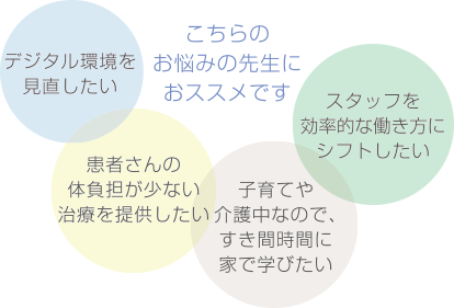 こちらのお悩みの先生におススメです　・デジタル環境を見直したい ・子育てや介護中なので、すき間時間に家で学びたい ・スタッフを効率的な働き方にシフトしたい ・患者さんの体負担が少ない治療を提供したい