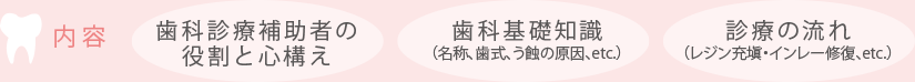 [内容] 歯科診療補助者の役割と心構え／歯科基礎知識（名称、歯式、う蝕の原因、etc.）／診療の流れ（レジン充填、インレー修復、etc.）